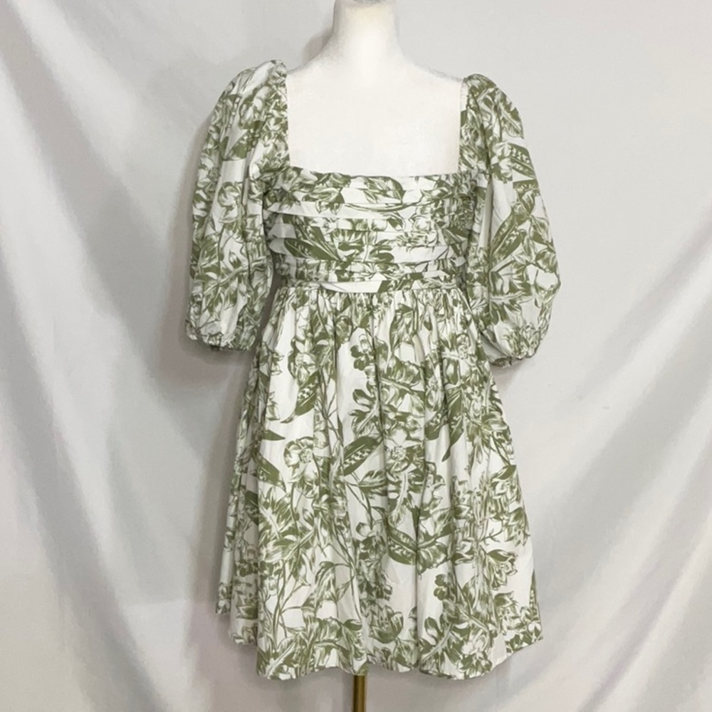 Abercrombie & Fitch Emerson Poplin Green and White Puffed Sleeve Mini Dress NWT